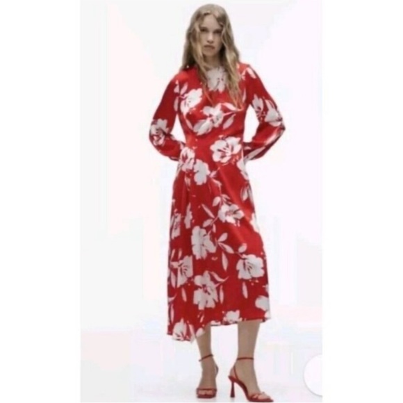 Zara Dresses & Skirts - Zara Red Satin Floral Long Sleeve Dress